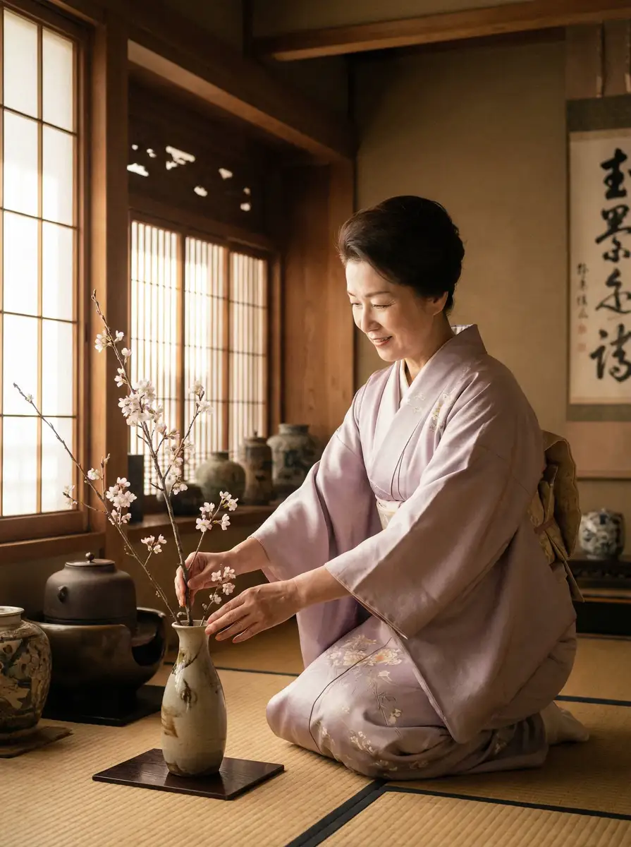 一位优雅的 换妻 在和室中插花
