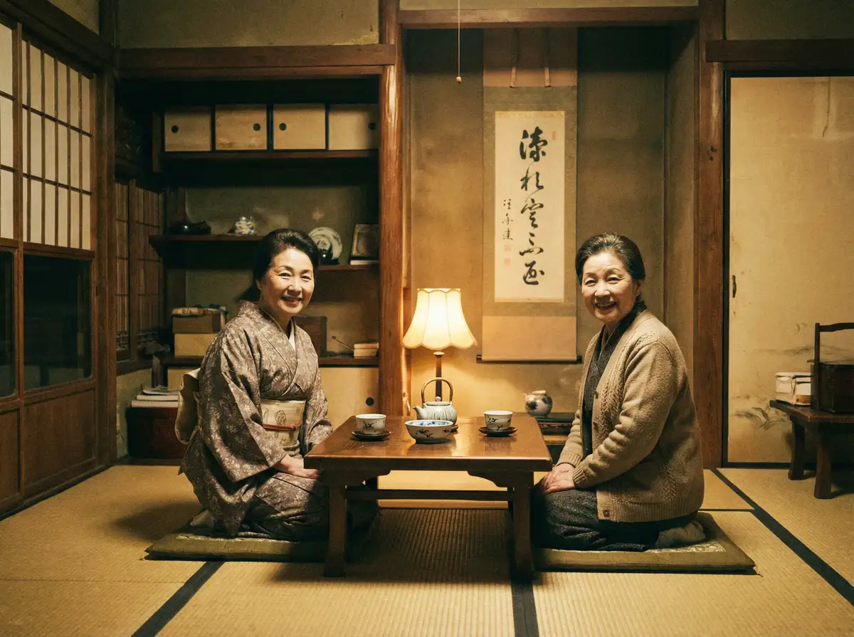 两位优雅的 换妻 在日式茶室中品茶交谈